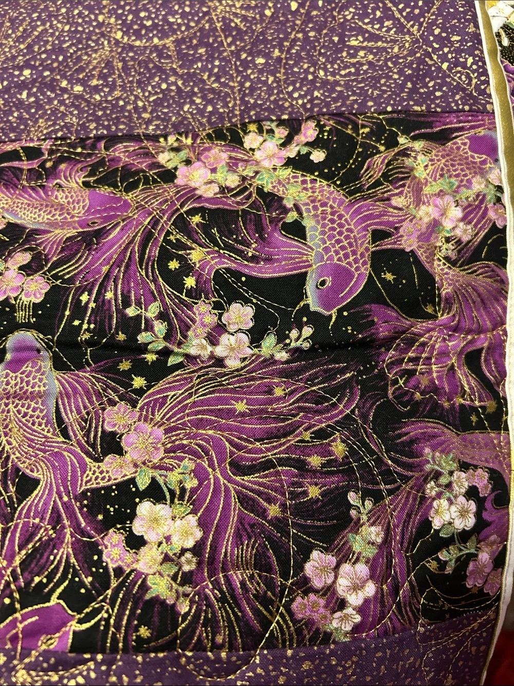 ONE OF A KIND - HANDCRAFTED Purple, gold and off-white Quilt.